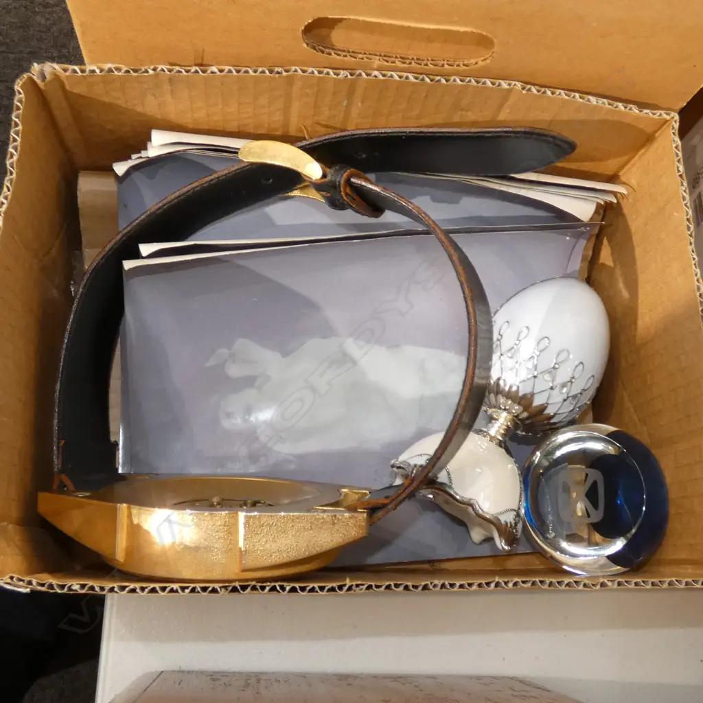 BOX LOT OVERSIZE SHOP DISPLAY WATCH, PAPERWEIGHT, FABERGE STYLE EGG, ORIENTAL SILK PICTURES Image 1++