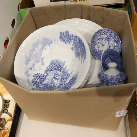 BOX LOT MEAKIN B/W PLATES PLUS SOME SPODE PCES