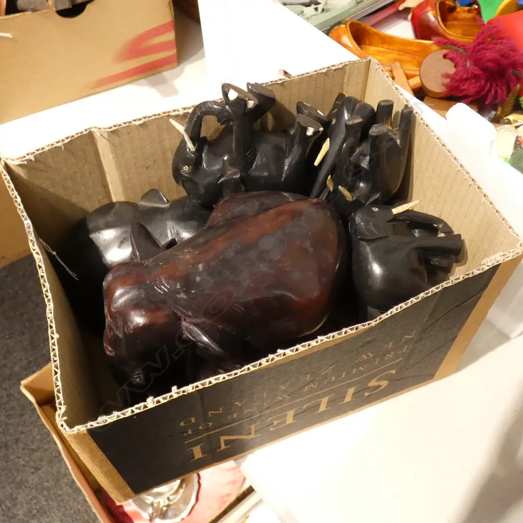ASSORTED EBONISED ELEPHANT FIGURES INCLUDING 1 LARGE DEPICTING MANY ELEPHANTS Image 1++