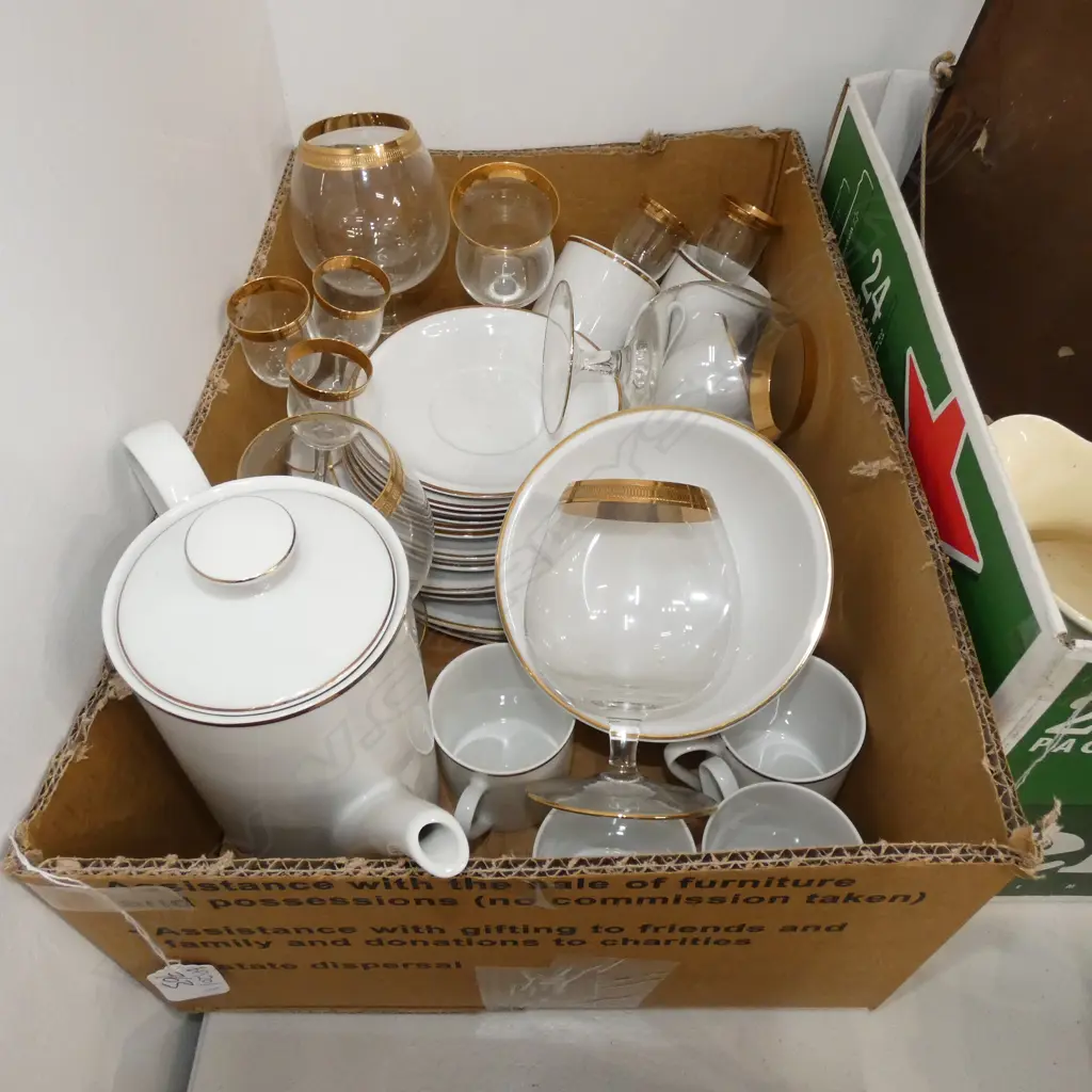 BOX LOT ARZBERG COFFEE SET, GOLD RIMMED GLASSES Image 1++