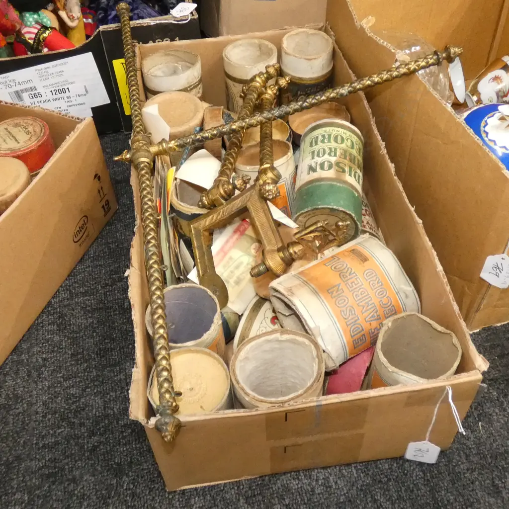 BOX LOT EMPTY EDISON RECORD HOLDERS, ASST. CALTEX STICKERS, FIRE SCREEN FRAME Image 1++