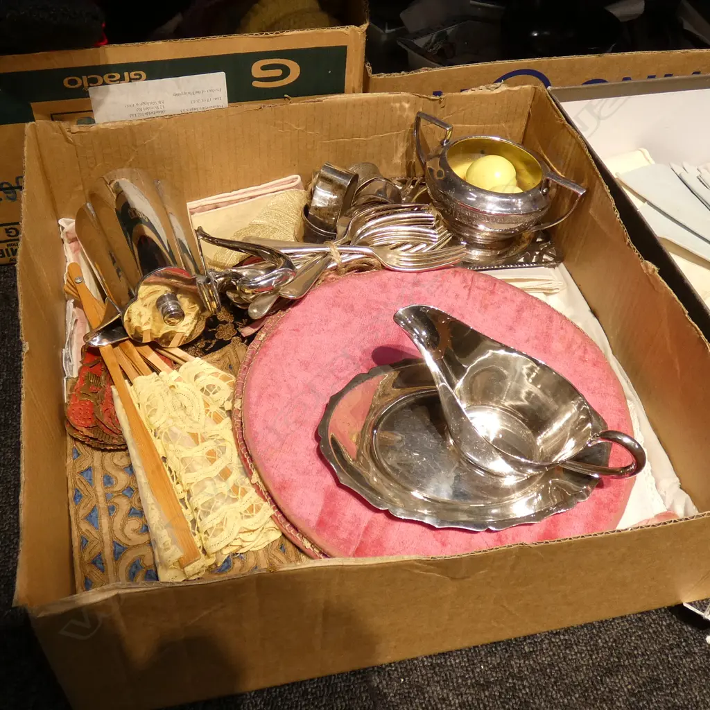 BOX LOT ASST. LINENS, FANS, EP, ETC Image 1++