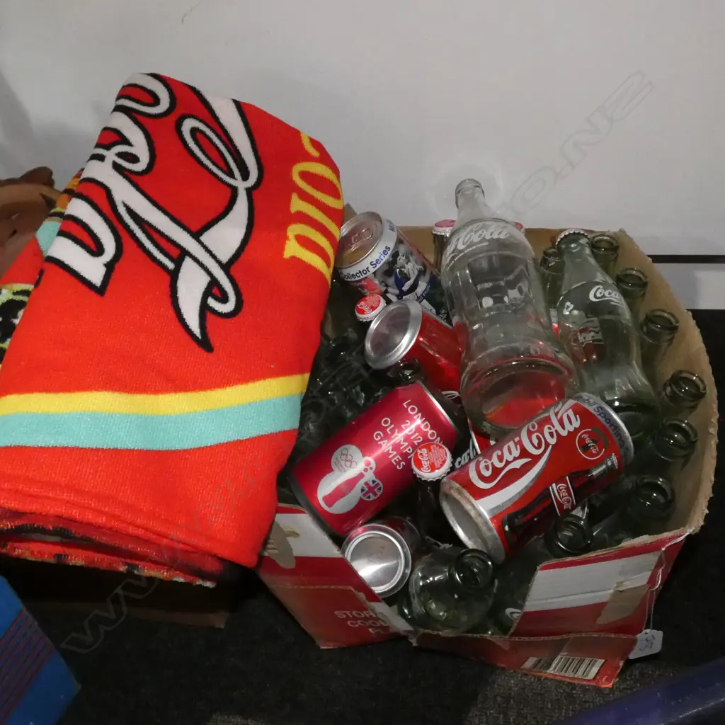 BOX LOT COCA COLA BOTTLES AND TOWEL Image 1++