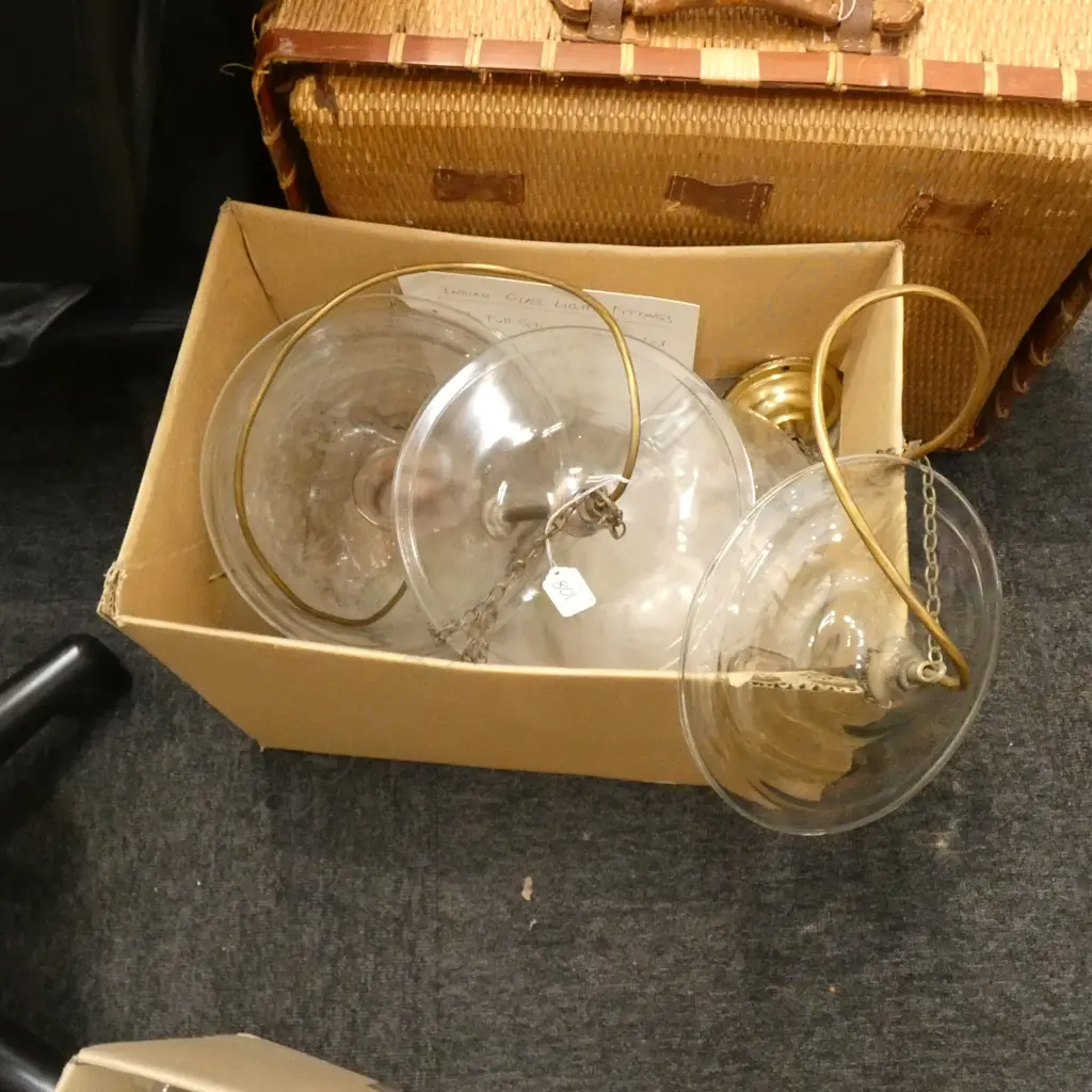TWO INDIAN ETCHED GLASS LIGTH FITTINGS + SPARE GLASS BOWL Image 1++