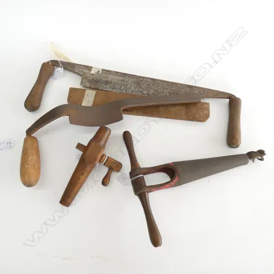 4 COOPERING TOOLS; KEG TAP, REEMER AND 2 DRAW KNIVES