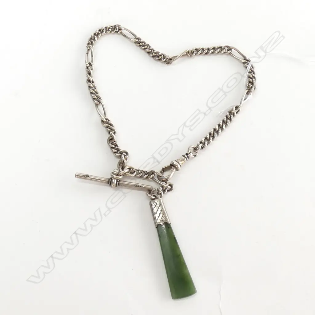 STG SILVER FOB CURB AND FANCY LINKS WITH GREENSTONE  Image 1++