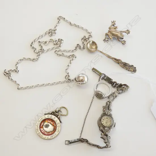 ASSORTED SILVER ITEMS INCLUDING NECKLACE, BROOCH, MARCASITE WATCH ETC, TOTAL 58.6GMS