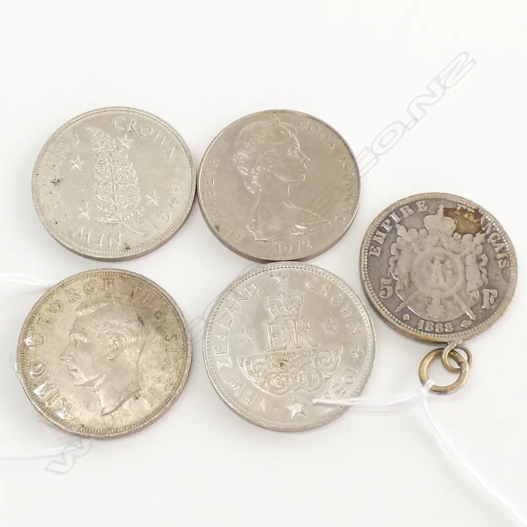 4 $1 COINS; 1 FIJI, 3 NZ + FRENCH SILVER COIN 1868 Image 1++