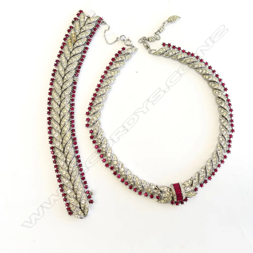ART DECO DIAMANTE & PINK GLASS BRACELET & NECKLACE SET Image 1++