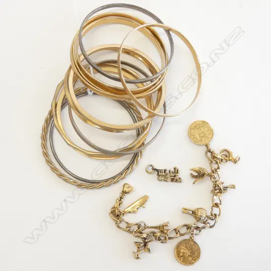 12 GOLD PLATE BANGLES + CORONATION CHARM BRACELET