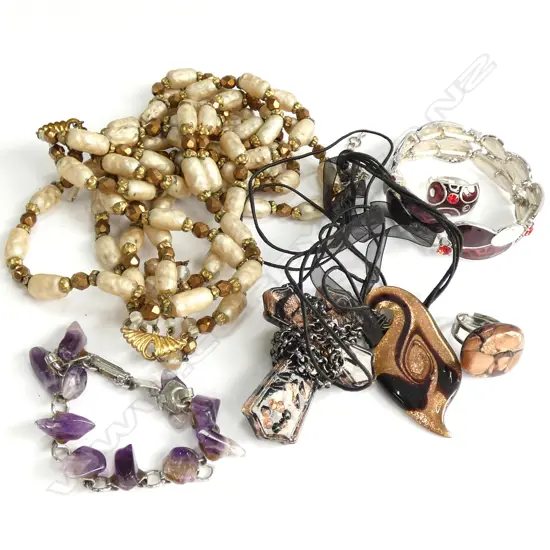 3 STRAND RAW RIVER PEARL NECKLACE + ASST AMETHYST, GLASS, RESIN PCS