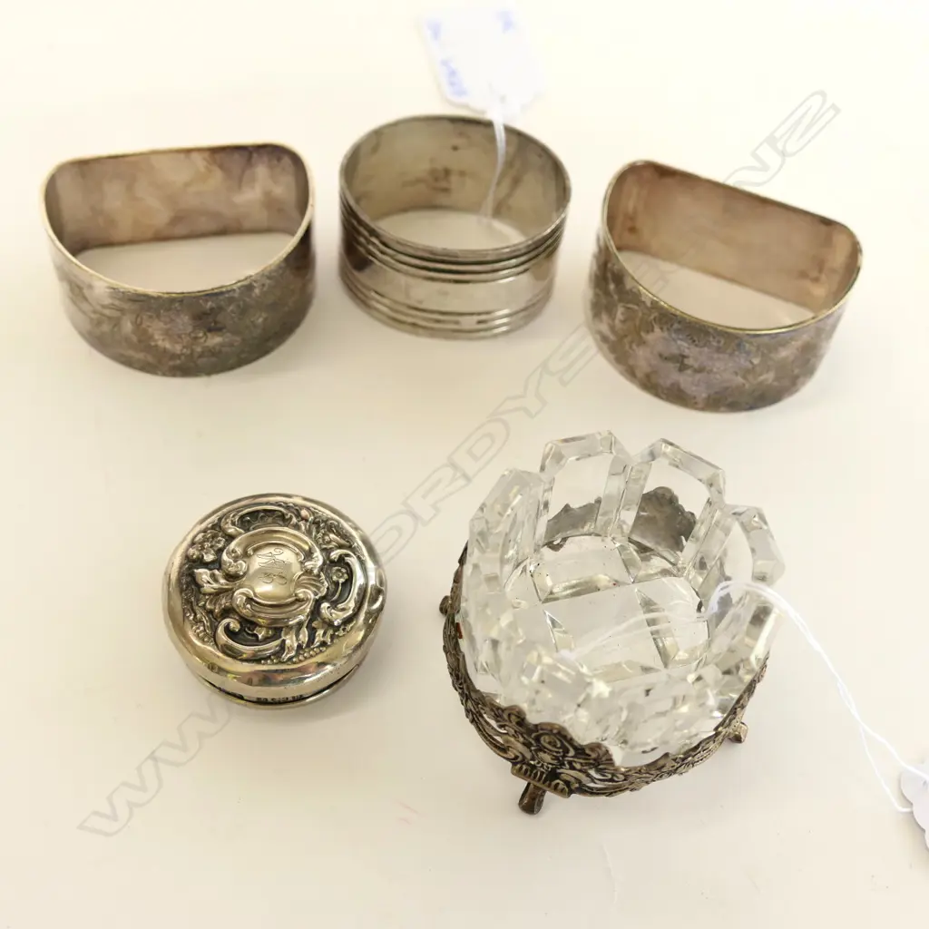 S/SILVER FOOTED CRYSTAL BOWL, S/SILVER LID TO DRESSING TABLE BOWL + 3 EP NAPKIN RINGS Image 1++
