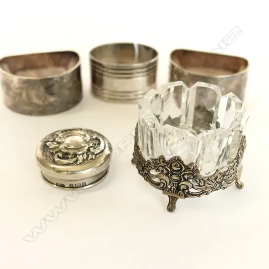 S/SILVER FOOTED CRYSTAL BOWL, S/SILVER LID TO DRESSING TABLE BOWL + 3 EP NAPKIN RINGS