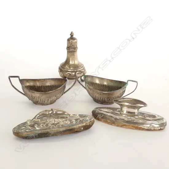 5 ASST STG SILVER ITEMS; PR SALTS, PEPPER, 2 NAIL BUFFERS TOTAL WEIGHT 141 GR
