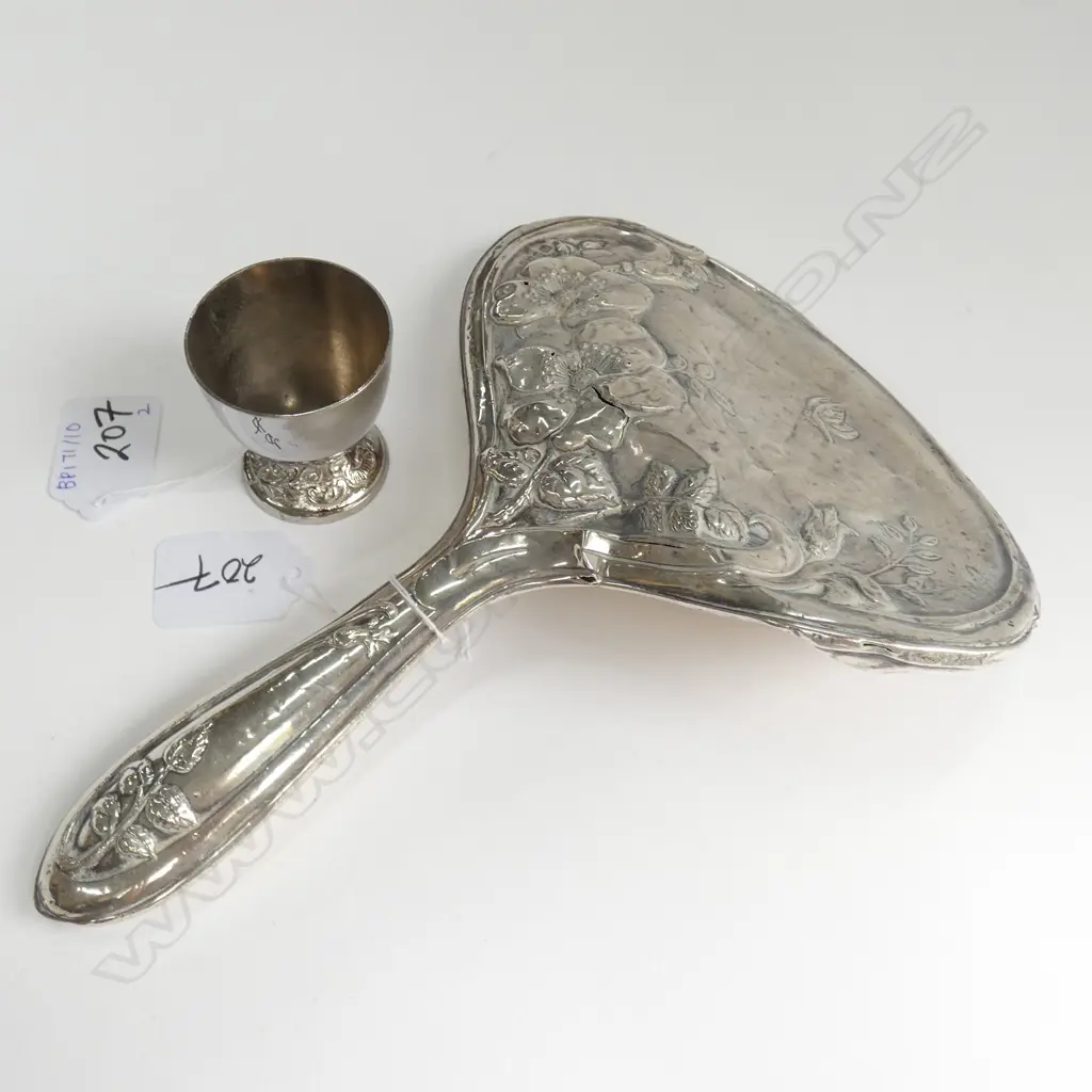 SILVER HANDLED MIRROR & SILVER EGGCUP, EST COMB. WEIGHT 100GM Image 1++