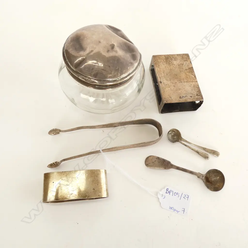 7 ASST STG SILVER ITEMS; MATCH HOLDER, NAPKIN RING, 3 SPOONS, TONGS TOTAL STG WEIGHT 160 GR Image 1++