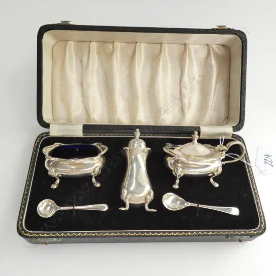 STG SILVER CONDIMENT SET, BIRMINGHAM 1957 CASED TOTAL STG WEIGHT 153 GRAMS