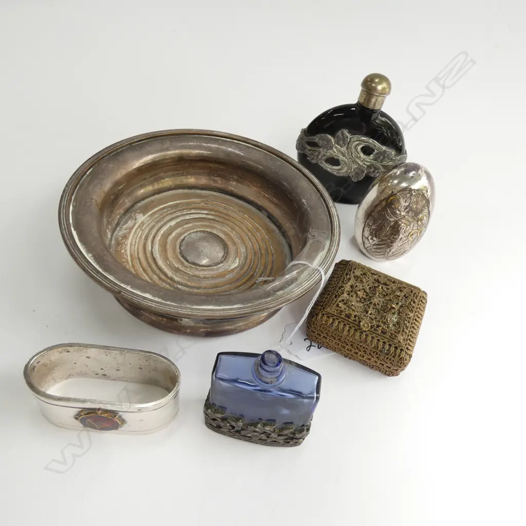WINE COASTER, 2 BOTTLES, BRASS FILIGREE BOX, T. S. M. V. WANGANELLA NAPKIN RING, 850 MARKED SILVER EGG Image 1++