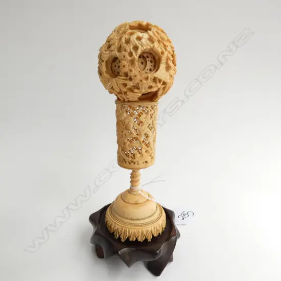 c1900 CHINESE CARVED IVORY PUZZLE BALL ON STAND...