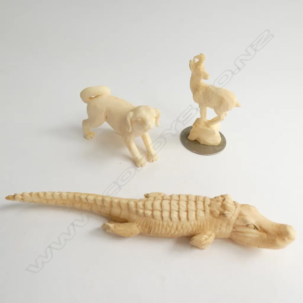 3 CARVED IVORY ANIMALS: CROCODILE DOG & GOAT Image 1++