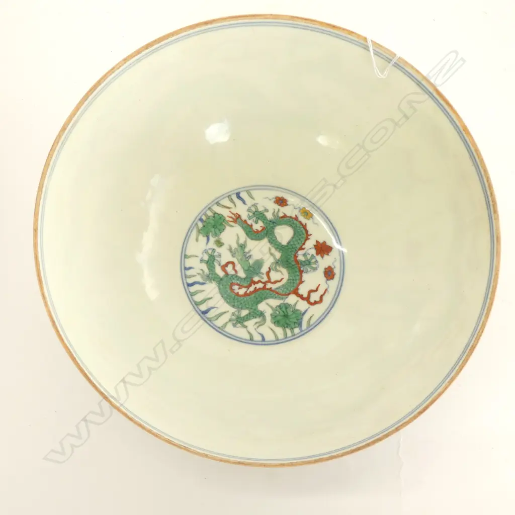 CHINESE EGG SHELL PORCELAIN BOWL GREEN DRAGON Dia.205mm Image 1++