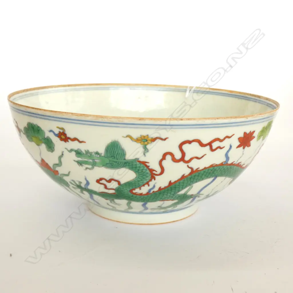 CHINESE EGG SHELL PORCELAIN BOWL GREEN DRAGON Dia.205mm Image 1++