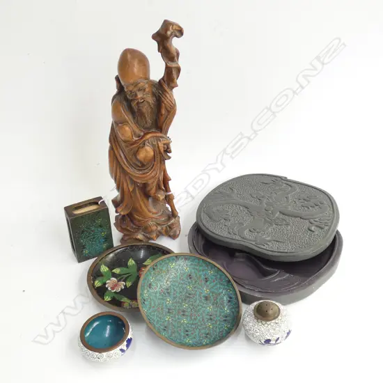 5 CLOISONNE PCES, CARVED WOODEN WISE MAN, INK STONE