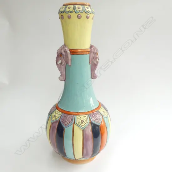 CHINESE PORCELAIN TALL COLOURFUL VASE ELEPHANT HANDLES H.355mm