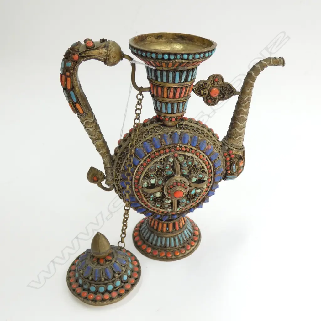 TIBETAN 19TthC TEAPOT CORAL & TORQUISE DECORATION Image 1++