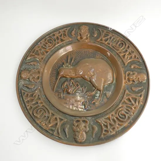 NZ COPPER WALL PLAQUE EMBOSSED KIWI TIKI ETC Dia.368mm