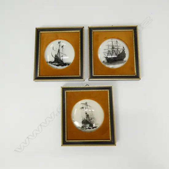 3 SMALL INK ON CONVEX GLASS DRAWINGS OF SAILING SHIPS BY DAVID JOHN, 1982
