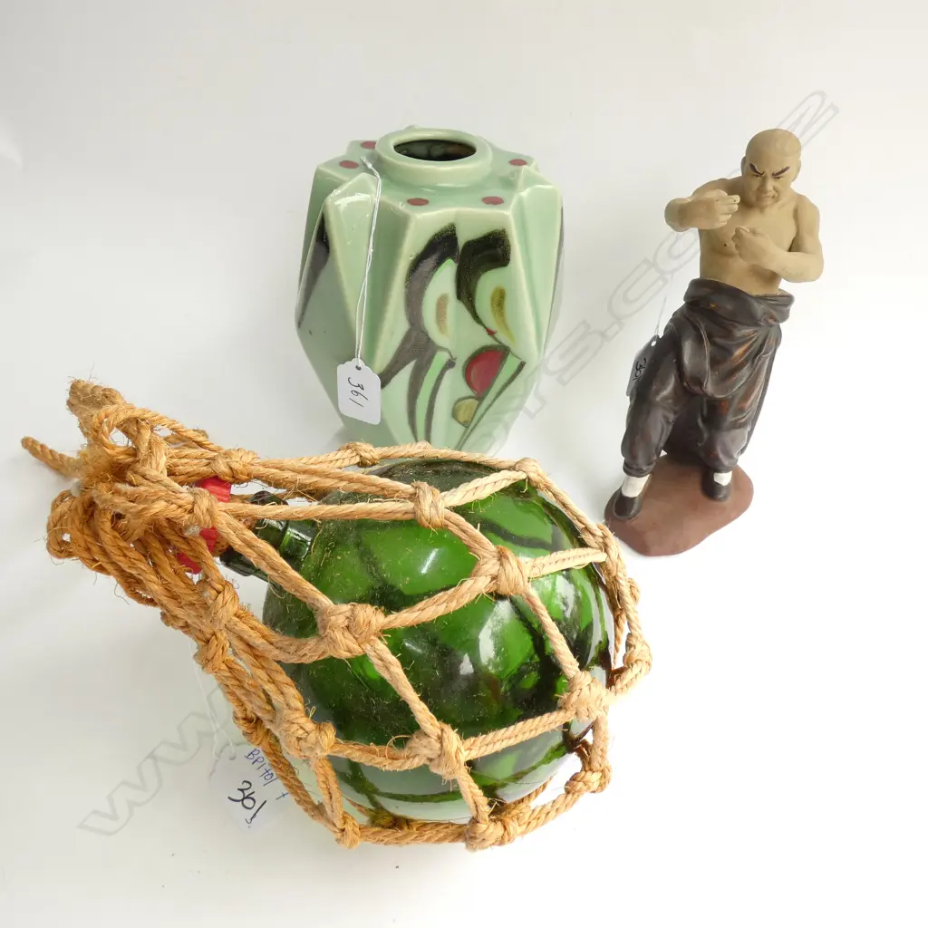 VINTAGE FISHING FLOAT, ART DECO JAPANESE VASE, KUNG FU FIGURE Image 1++