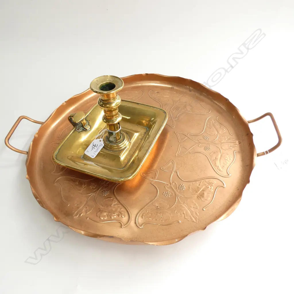 CIRCULAR COPPER ART NOUVEAU TRAY 360MM DIA AND BRASS CANDLESTICK Image 1++