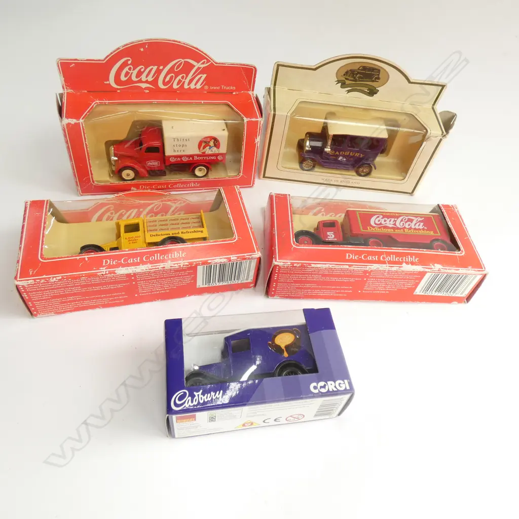 3 DIECAST COCACOLA BRAND TRUCKS + 2 CADBURY CARS Image 1++