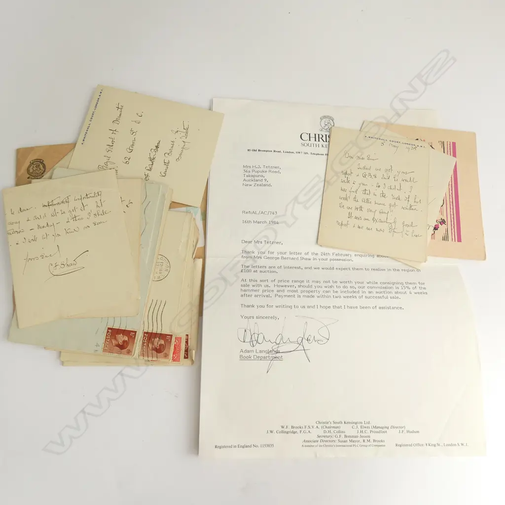 LETTERS BY MRS GEORGE BERNARD SHAW AND CHRISTIES £100 VALUATION 1984 Image 1++