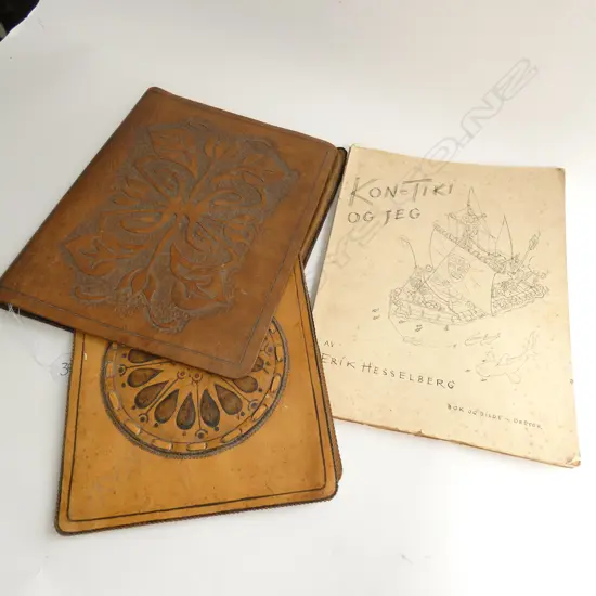 KON-TIKI BOOK, 2 HAND WORKED JOAN BROWN LEATHER PCES