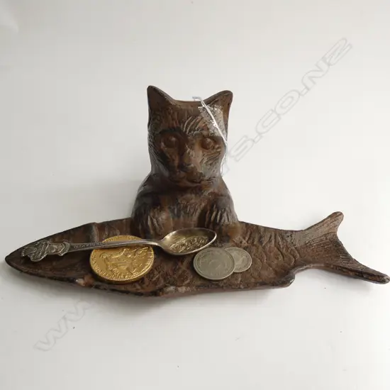 CAST IRON CAT & FISH TRINKET DISH ROLEX SPOON + COINS