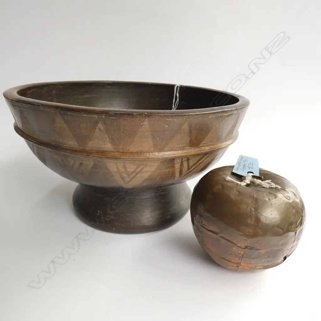 TERRACOTTA BLACK GLAZED FOOTED BOWL & COPPER APPLE Image 1++
