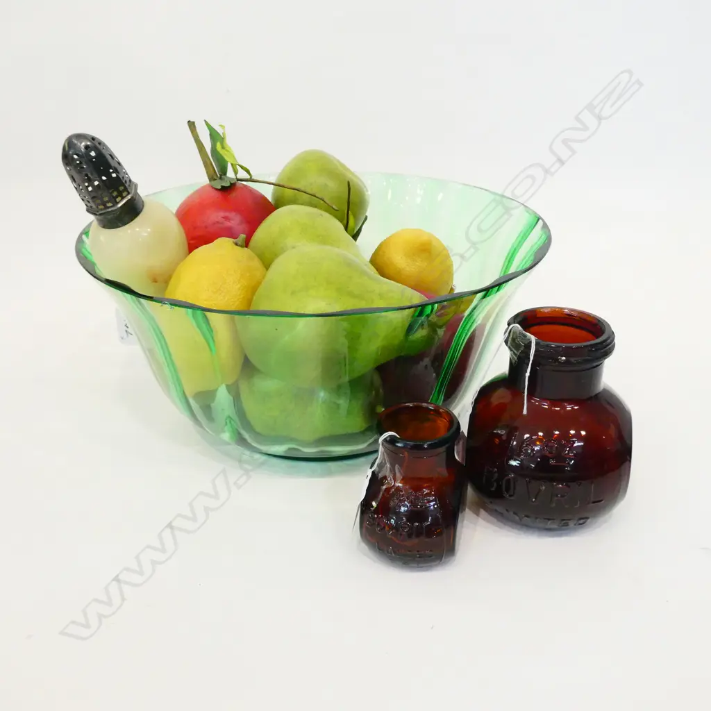 GLASS BOWL WITH FAUX FRUIT, BOVRIL BOTTLES & SUGAR SHAKER Image 1++