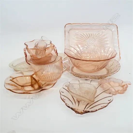 14 PCES PINK GLASS DEPRESSIONWARE