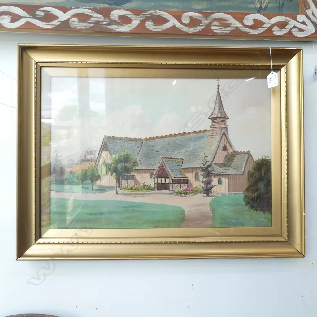 JESSE HOLLOBON, OIL ON PAPER BOARD OF ST. BARNABAS CHURCH IN FENDALTON NZ, 56X37 CM. Image 1++