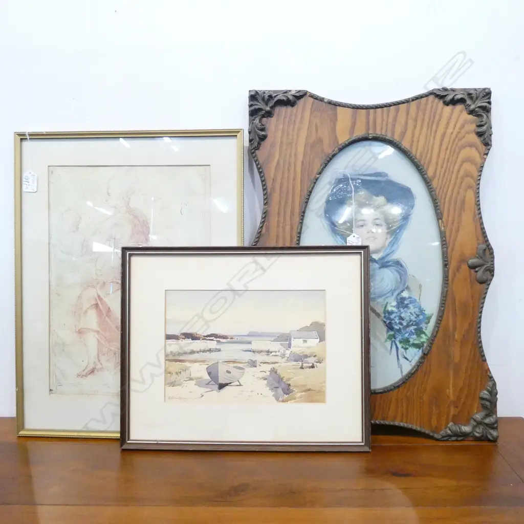 4 ARTWORKS; GILT FRAME PRINT, BOATS W/C, MICHAELANGELO, EDWARDIAN LADY Image 1++