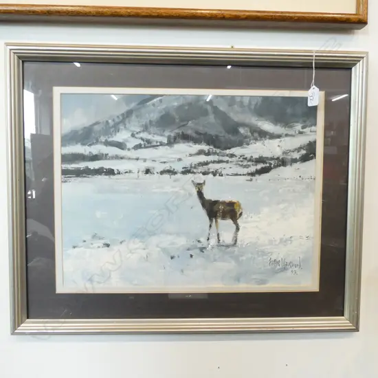 PETER MARDON, ACRYLIC ON PAPER, "FRESH  SNOW ON THE FOOTHILLS". (UPPER RAKAIA, METHVEN AREA)FRAME 36 X 48CM