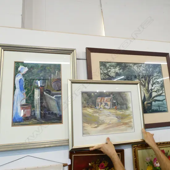 3 ARTWORKS; FRAMED PRINT, OIL J BANTLEY, COTTAGE SCENE
