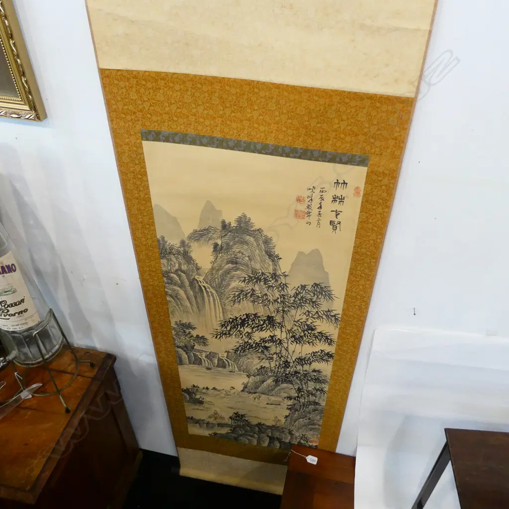 OLD CHINESE SCROLL PAINTED MOUNTAINS BAMBOO.. Image 1++