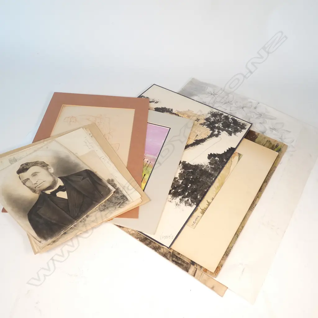 COLLECTION OF PENCIL, W/C, CHARCOAL DRAWINGS ETC Image 1++