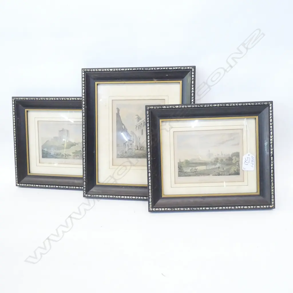 3 ANTIQUE H/COLOURED ENGRAVINGS CASTLE SCENES Image 1++