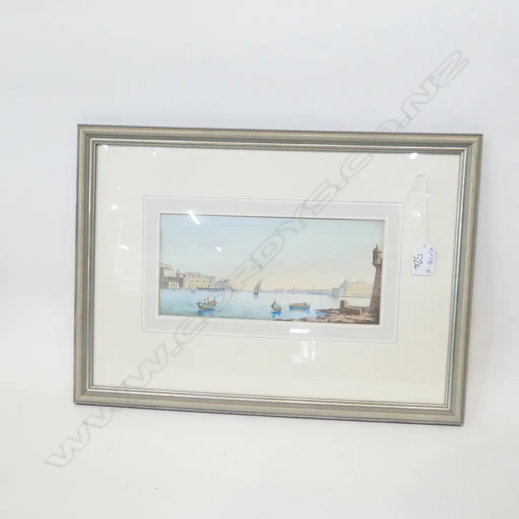 c1910 GOUACHE PAINTING GRAND HARBOUR MALTA BY J.B Image 1++