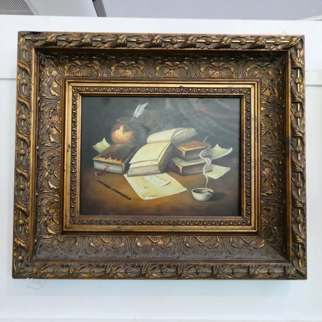 STILL LIFE BOOKS OIL ON BOARD IN GILT FRAME 625 X 565MM Image 1++