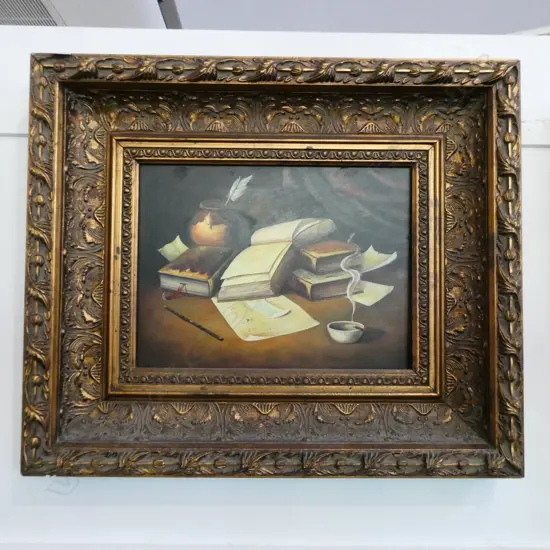 STILL LIFE BOOKS OIL ON BOARD IN GILT FRAME 625 X 565MM